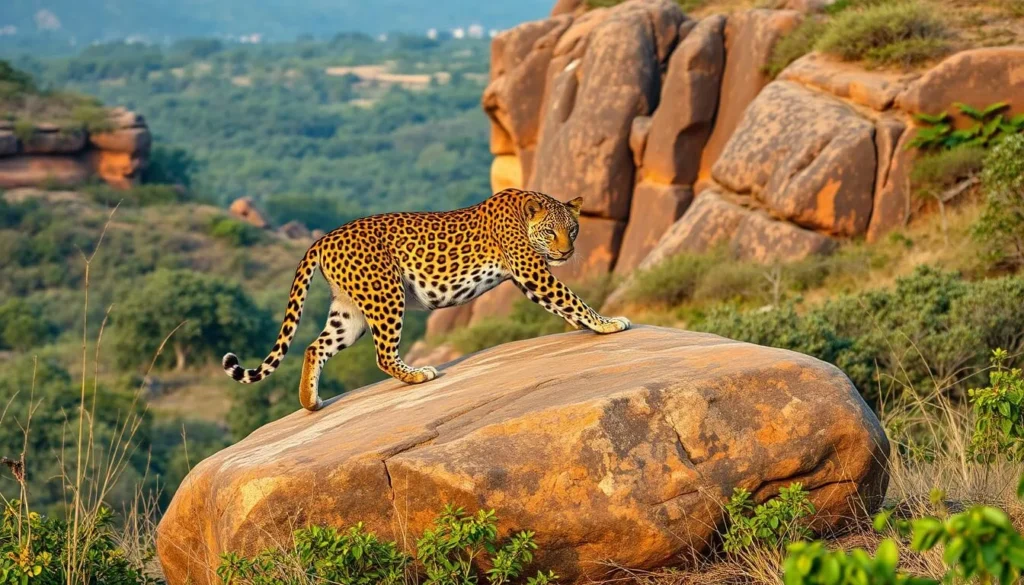 Sri Lankan leopard walking on a rock formation in Yala National Park