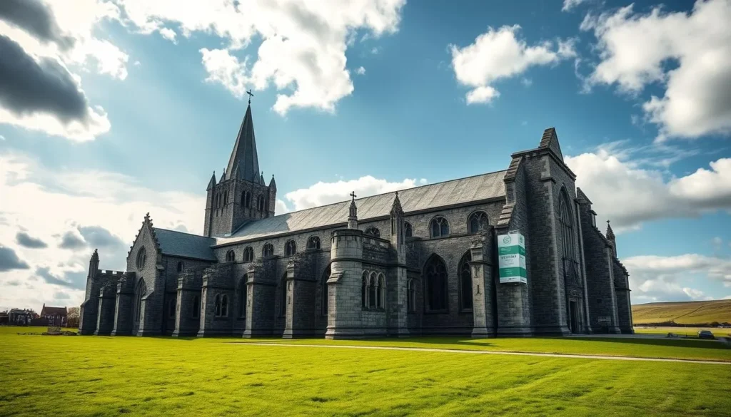 St. David's Cathedral in Wales, United Kingdom with its stone architecture and surrounding landscape