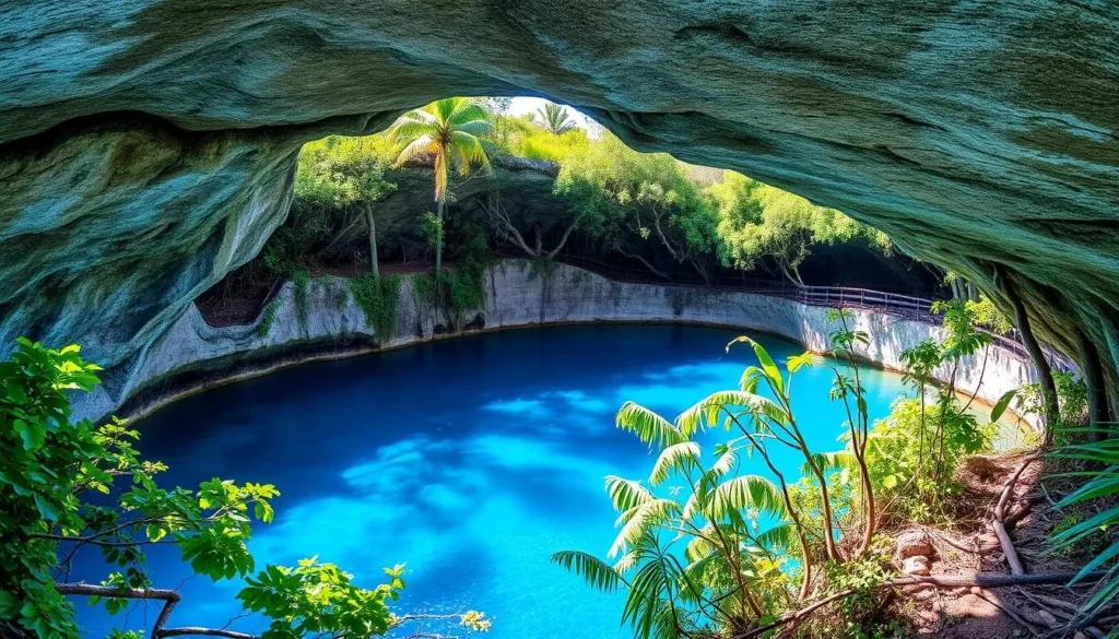 St. Herman's Blue Hole National Park showing the vibrant blue cenote surrounded by forest