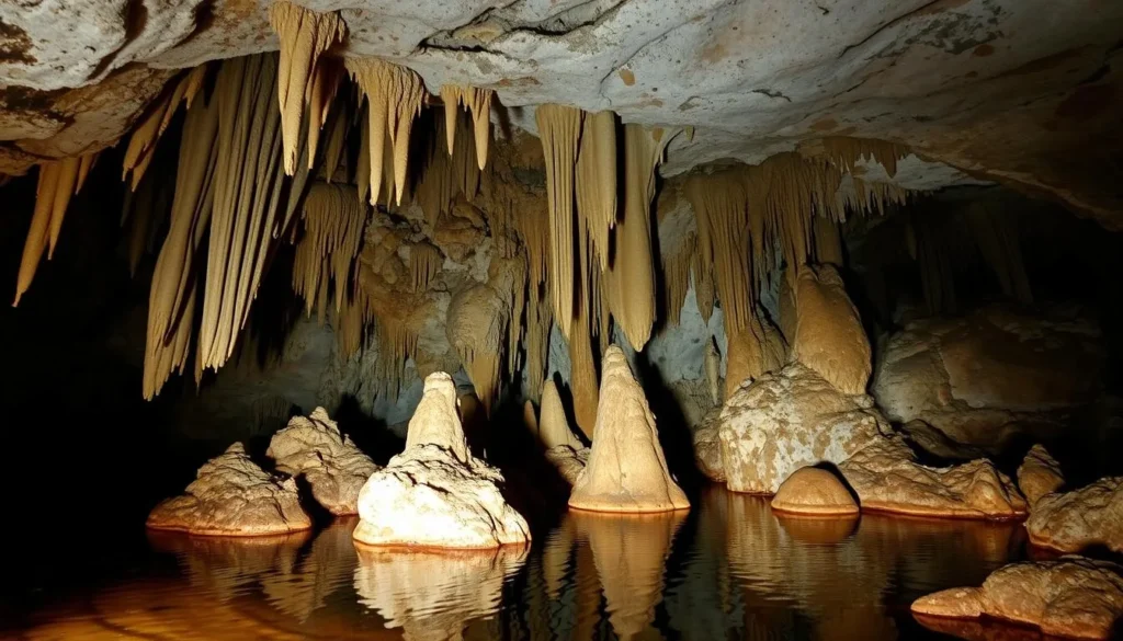 Stalactites and stalagmites inside the Anjohibe Caves near Mahajanga