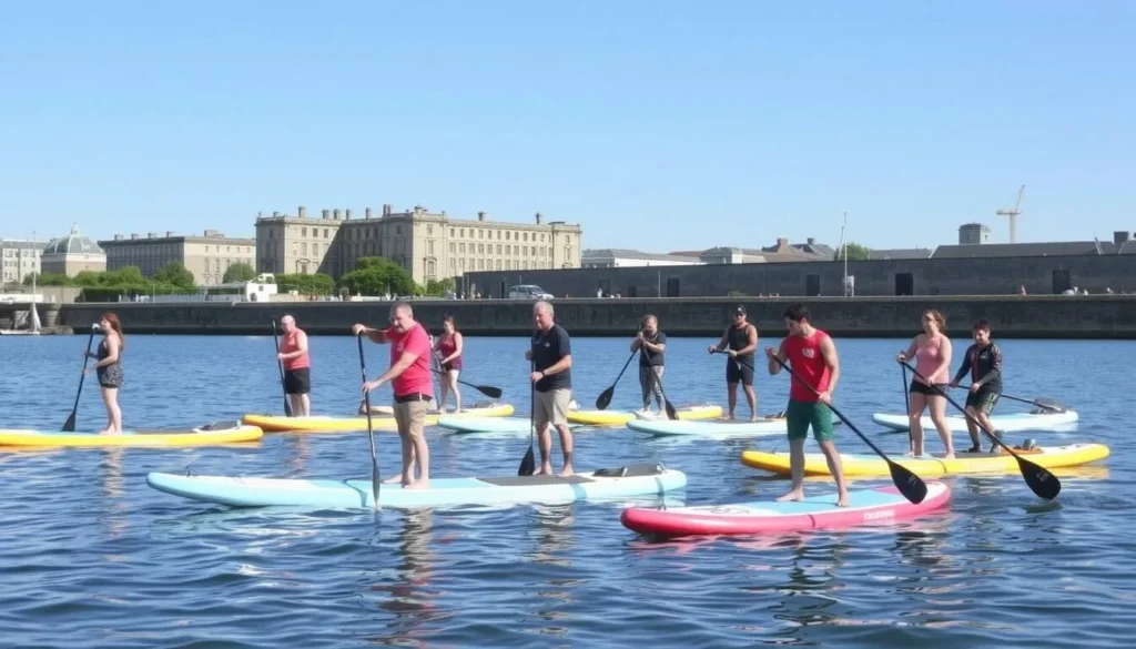 Stand-up paddleboarding at Royal William Yard with historic buildings in the background