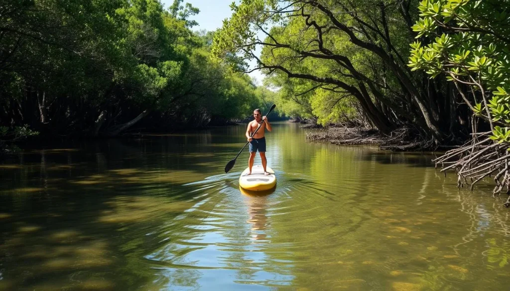 Stand-up paddleboarding through mangroves at Pontal de Maracaipe