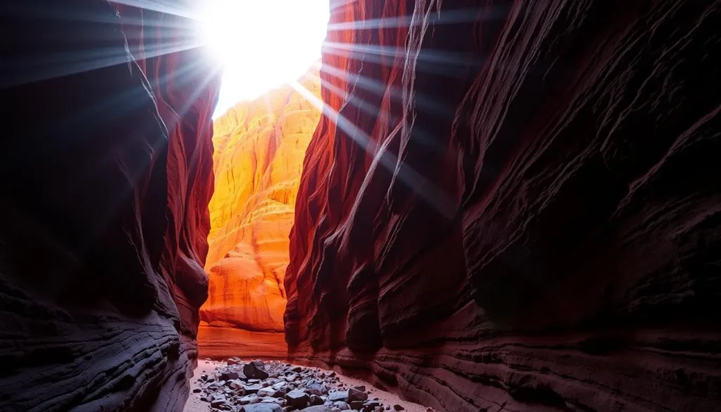 Standley Chasm at midday with sunlight illuminating the narrow red rock walls, a popular West MacDonnell National Park thing to do