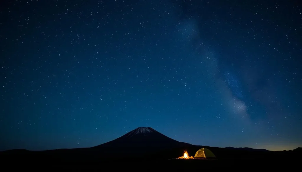 Stargazing at night from La Joya campsite with the silhouette of Volcan Nevado de Colima against the night sky