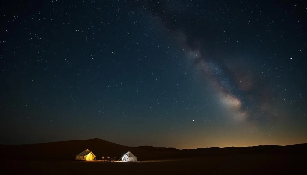 Stargazing scene at night in Iriqui National Park with Milky Way visible above desert camp