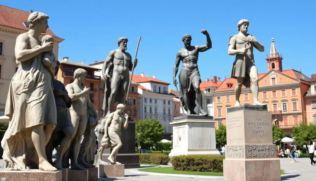 Statues of classical and Renaissance figures stand proud in a sunlit Győr town square, their weathered stone surfaces casting dramatic shadows. In the foreground, a cluster of life-sized statues depicts lively figures in dynamic poses, inviting onlookers to explore their intricate details. In the middle ground, larger-than-life mythological statues tower over the scene, their heroic expressions and muscular forms radiating an air of timeless grandeur. Beyond, the warm terracotta facades of historic buildings provide a picturesque backdrop, their ornate architectural features adding depth and character to the composition. Vibrant greenery and a clear azure sky complete the serene, elegant atmosphere, creating a tranquil yet captivating open-air museum for the visitor to discover. Statues of classical and Renaissance figures stand proud in a sunlit Győr town square, their weathered stone surfaces casting dramatic shadows. In the foreground, a cluster of life-sized statues depicts lively figures in dynamic poses, inviting onlookers to explore their intricate details. In the middle ground, larger-than-life mythological statues tower over the scene, their heroic expressions and muscular forms radiating an air of timeless grandeur. Beyond, the warm terracotta facades of historic buildings provide a picturesque backdrop, their ornate architectural features adding depth and character to the composition. Vibrant greenery and a clear azure sky complete the serene, elegant atmosphere, creating a tranquil yet captivating open-air museum for the visitor to discover.