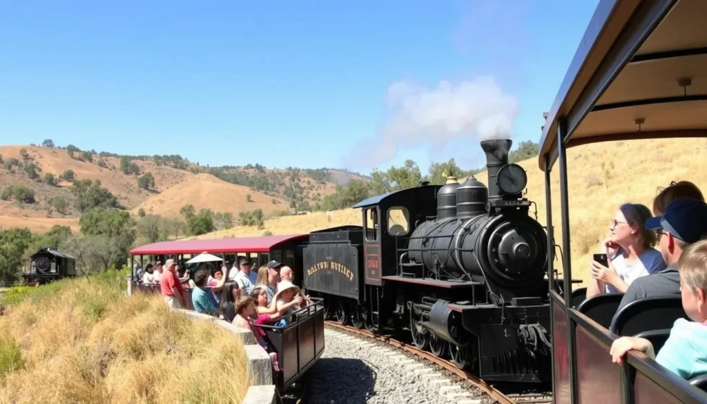Steam train excursion at Railtown 1897 State Historic Park with passengers enjoying the scenic Gold Country landscape