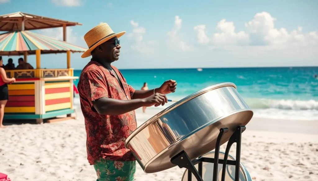 Steel pan musician performing on Sandy Island, Anguilla on Sunday afternoon