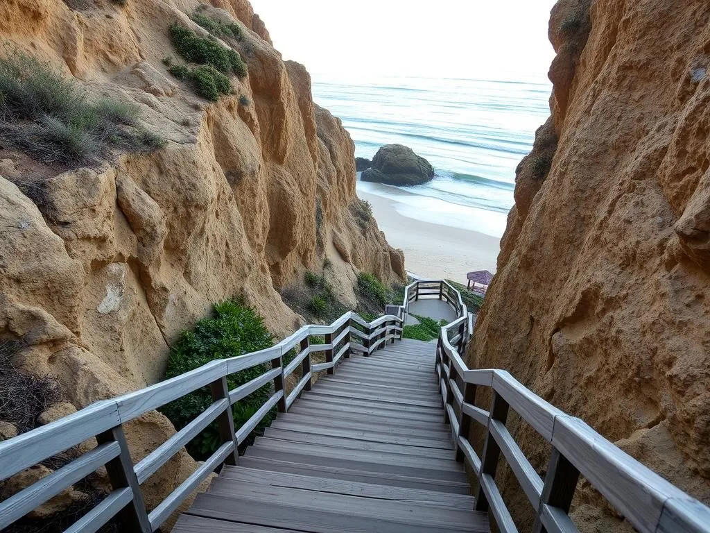 Steep staircase leading down to El Matador Beach with ocean views