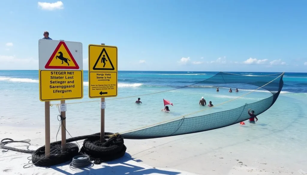 Stinger net at a Cairns beach with warning signs during stinger season Stinger net at a Cairns beach with warning signs during stinger season