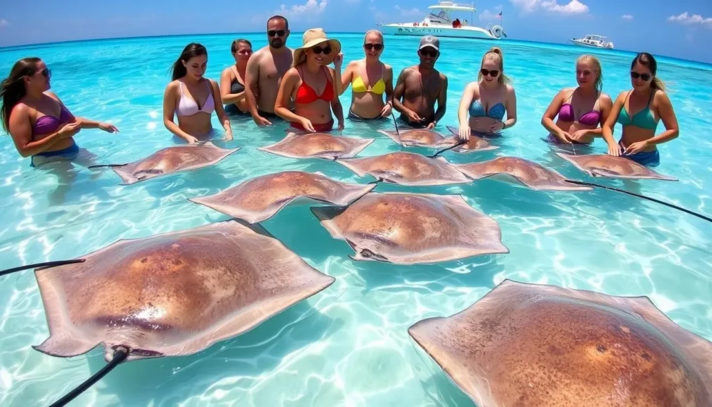 Stingray City Antigua - tourists interacting with friendly stingrays in shallow water