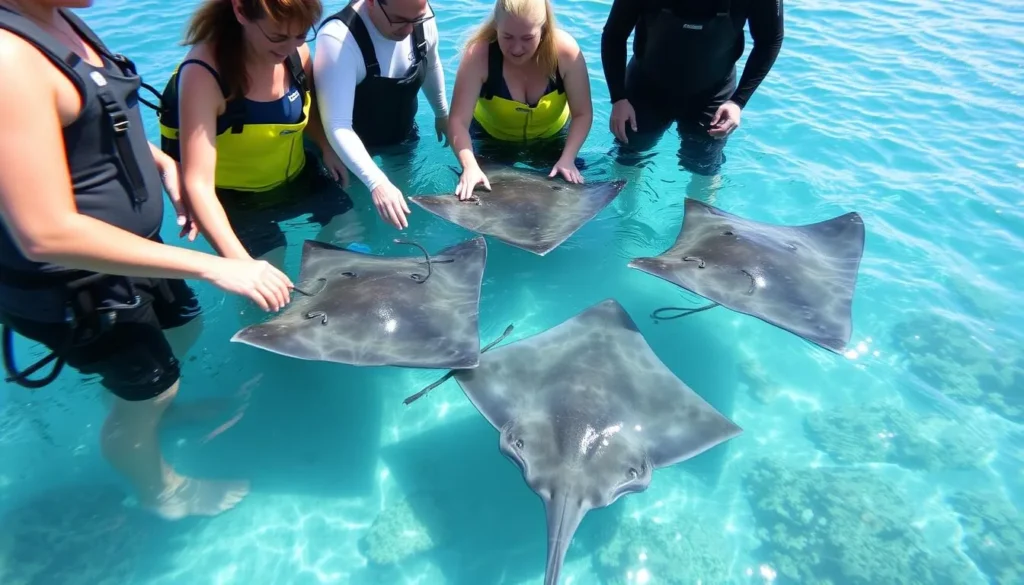 Stingray feeding experience at Dive Tatapouri with people in waders interacting with wild stingrays