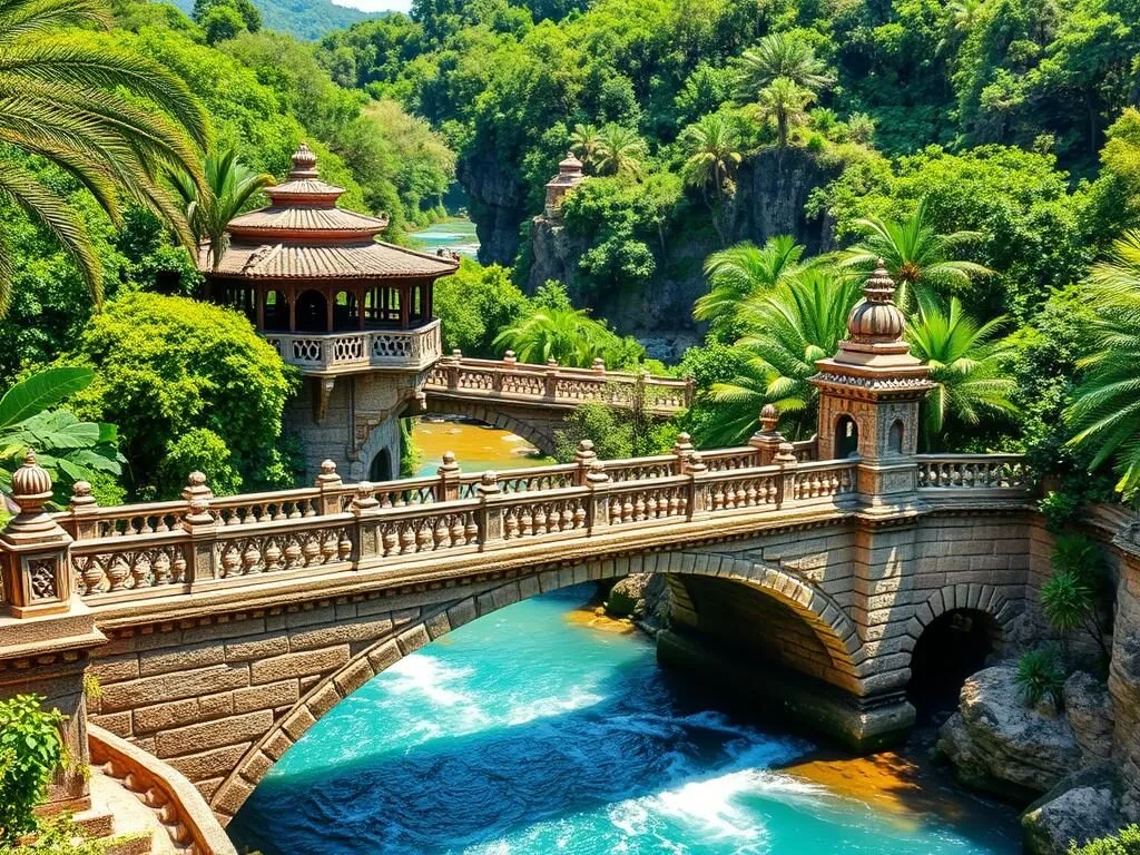 Stone bridges crossing the Cupatitzio River with lush vegetation in the background