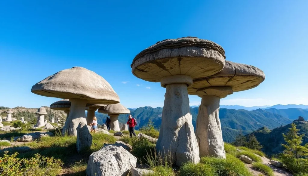 Stone mushroom formations in Kislovodsk National Park with hikers for scale