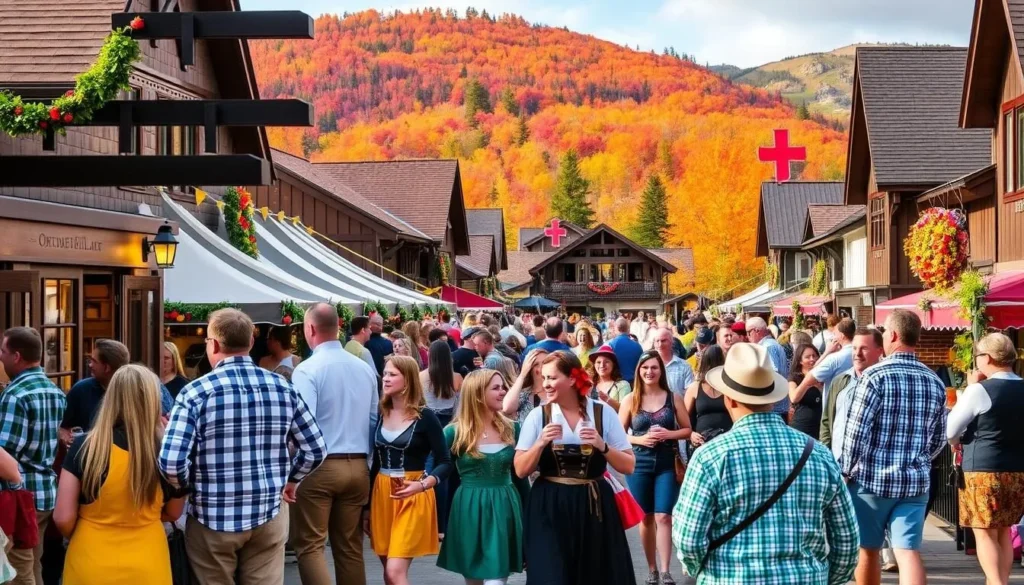 Stowe Oktoberfest celebration at Spruce Peak Village with mountain backdrop Stowe Oktoberfest celebration at Spruce Peak Village with mountain backdrop