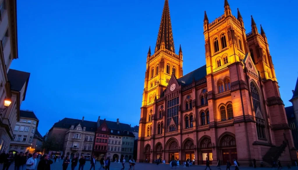Strasbourg Cathedral illuminated at dusk with clear skies and tourists enjoying the square