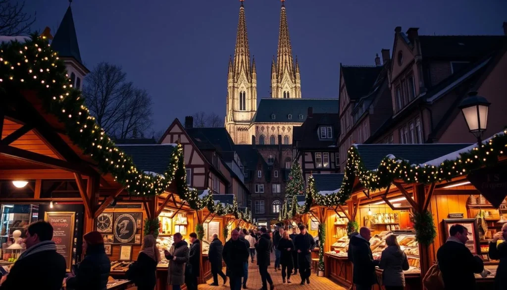Strasbourg Christmas Market at night with illuminated wooden chalets, festive decorations and the cathedral in the background