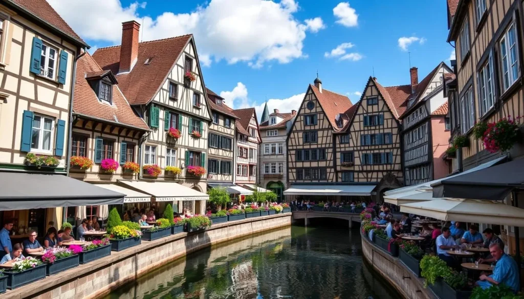 Strasbourg's La Petite France district in late spring with blooming flowers along the canals and outdoor cafes