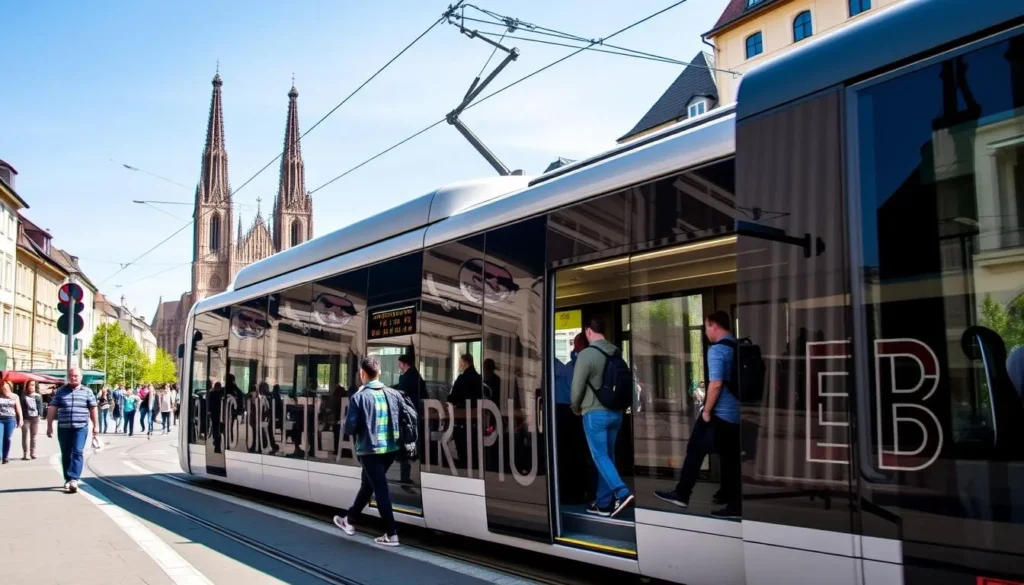 Strasbourg's modern tram passing through the historic city center near the cathedral