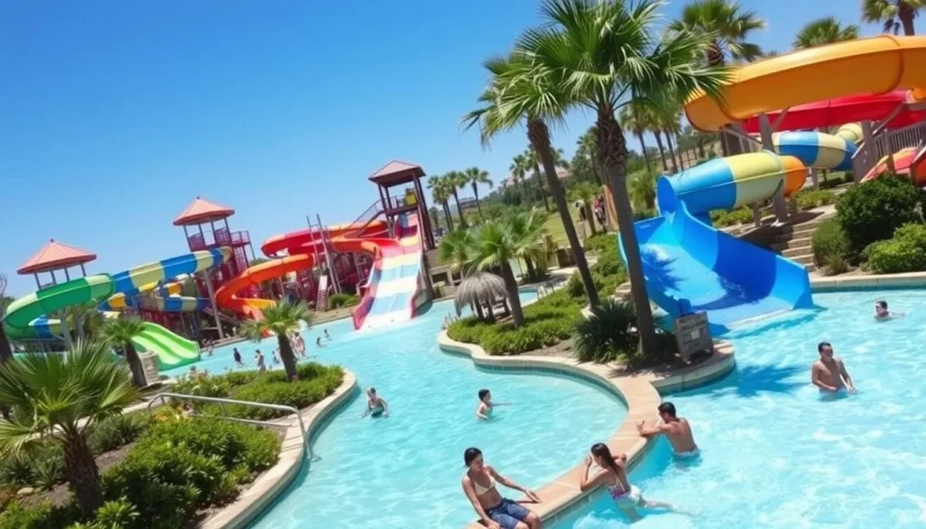 Strawberry Water Park in Pasadena showing water slides and lazy river Strawberry Water Park in Pasadena showing water slides and lazy river
