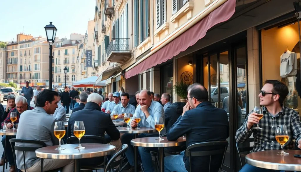 Street cafe in Marseille with locals enjoying pastis drinks in the afternoon