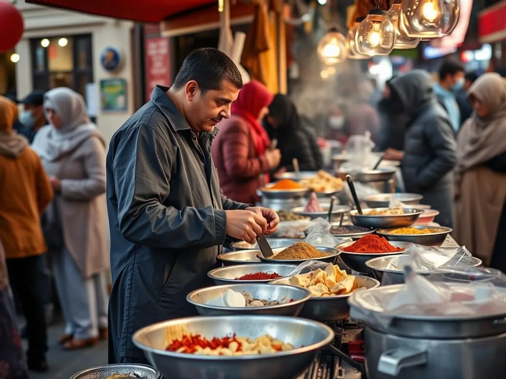 Street food vendor preparing traditional Moroccan snacks in Settat market