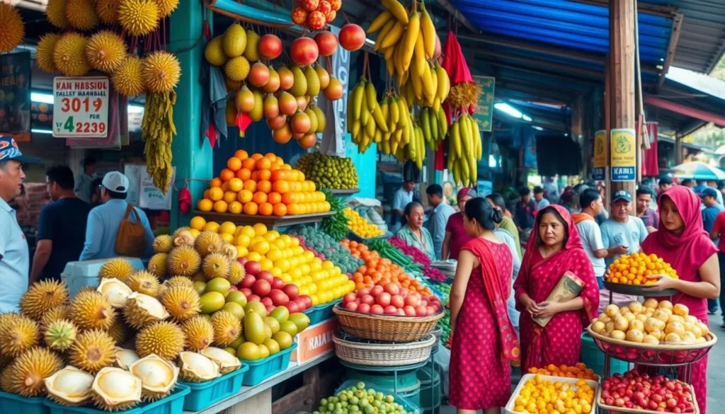 Street market in Pontianak with colorful displays of local fruits and vegetables
