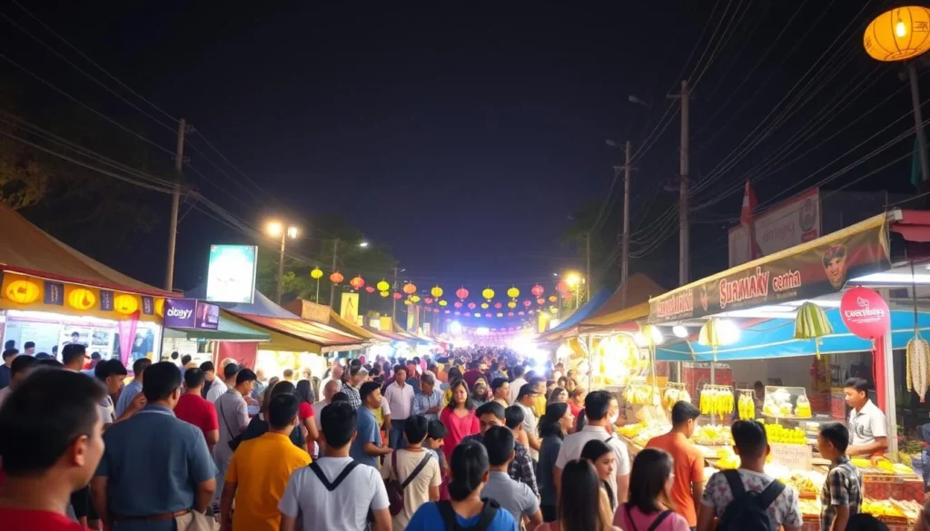 Street performers and food vendors at the Surabaya Night Market Festival with colorful lighting