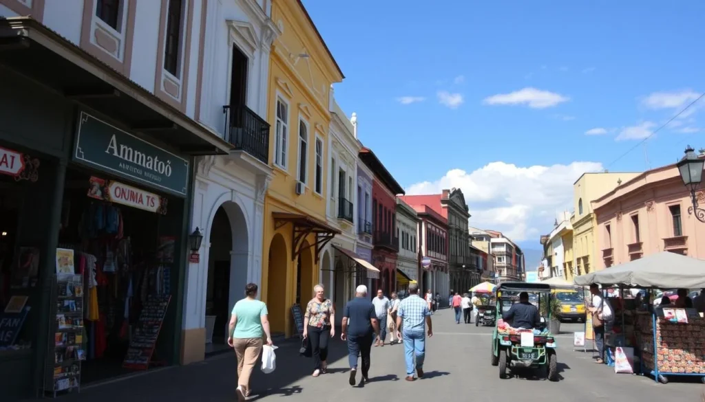 Street scene in Ambato showing local life with people walking and shopping Street scene in Ambato showing local life with people walking and shopping