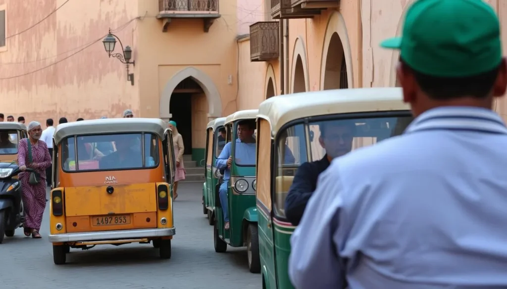Street scene in Beni Mellal with local transportation and pedestrians