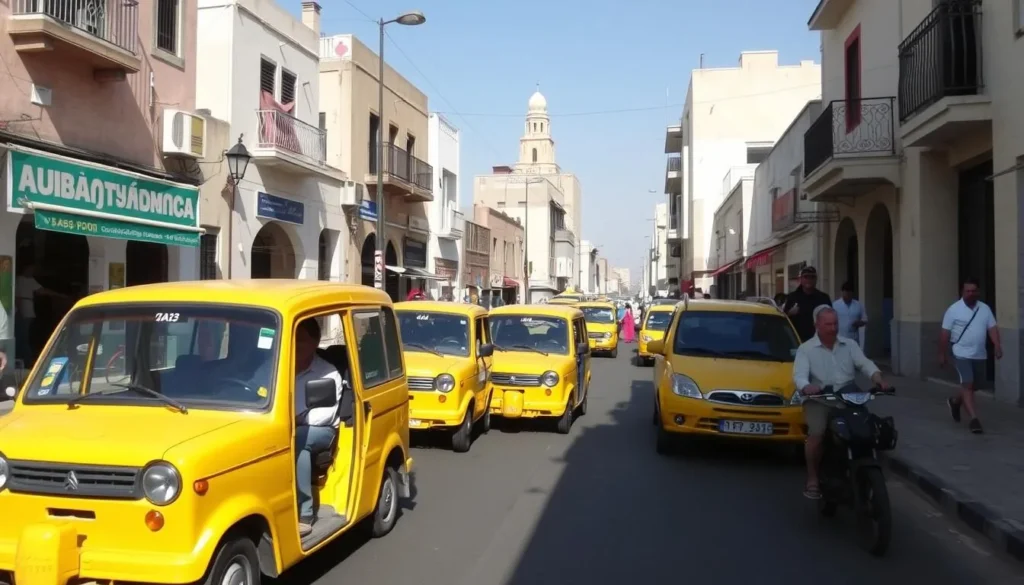 Street scene in Berkane with local transportation options including taxis and pedestrians