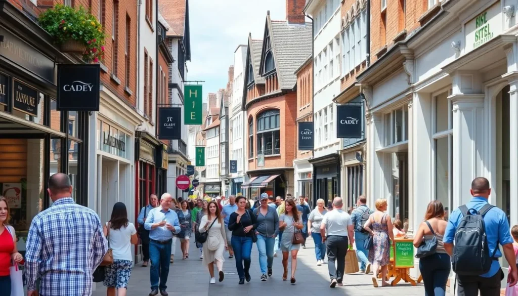 Street scene in Canterbury showing the pedestrianized High Street with shops and cafes