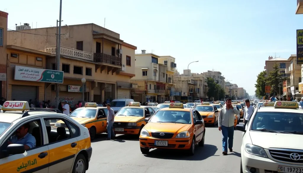 Street scene in Homs with local transportation and pedestrians