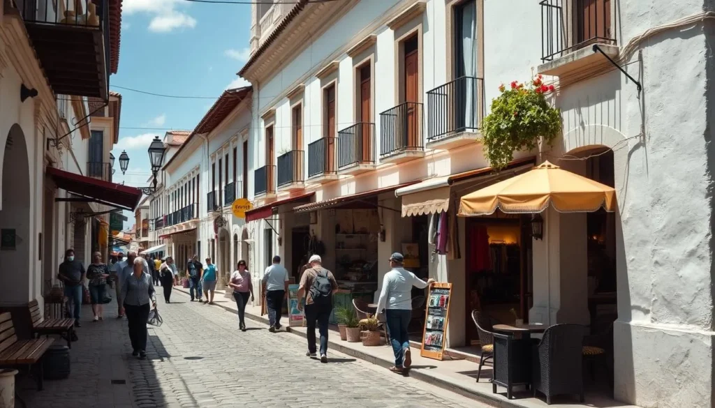 Street scene in Ibarra showing daily life with shops and cafes