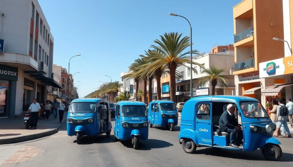 Street scene in Kenitra with petit taxis and pedestrians