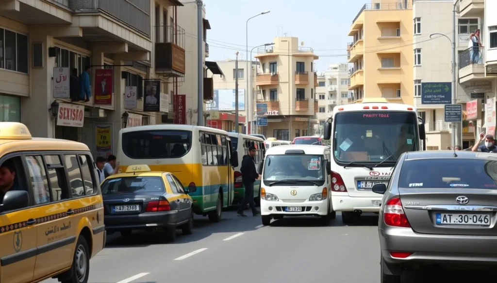 Street scene in Latakia showing local transportation options including taxis and pedestrians