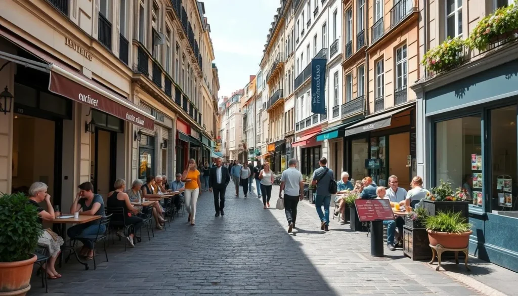 Street scene in Nantes showing pedestrians enjoying outdoor cafes in the historic center