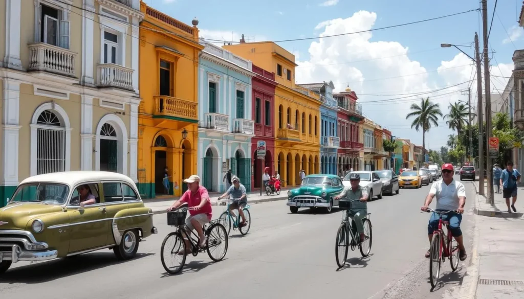 Street scene in Nuevitas showing local transportation options including bicitaxis