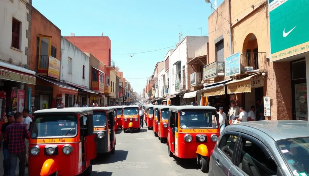 Street scene in Oued Zem with small taxis and pedestrians