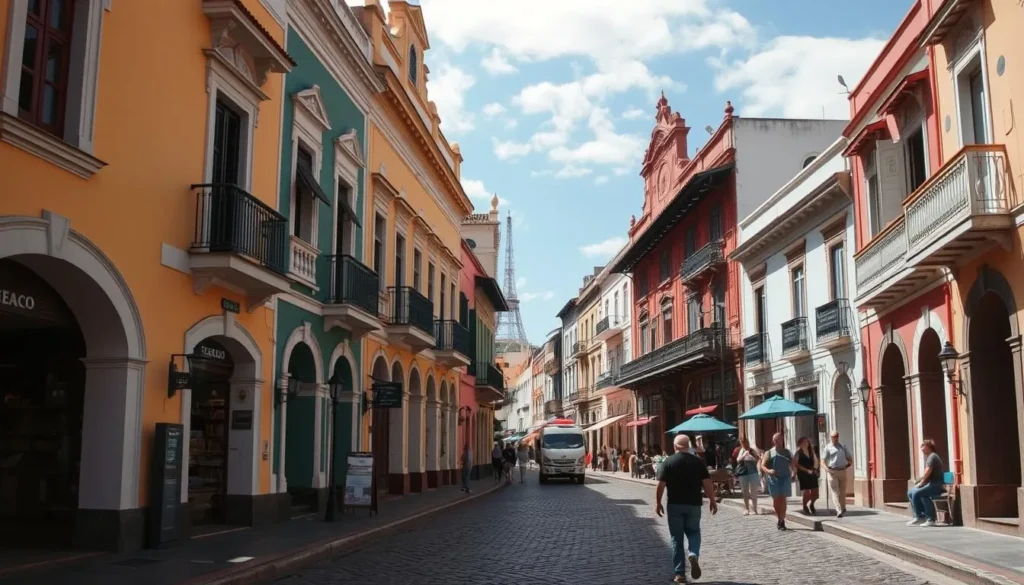 Street scene in Santos showing the historic downtown area with colonial architecture Street scene in Santos showing the historic downtown area with colonial architecture