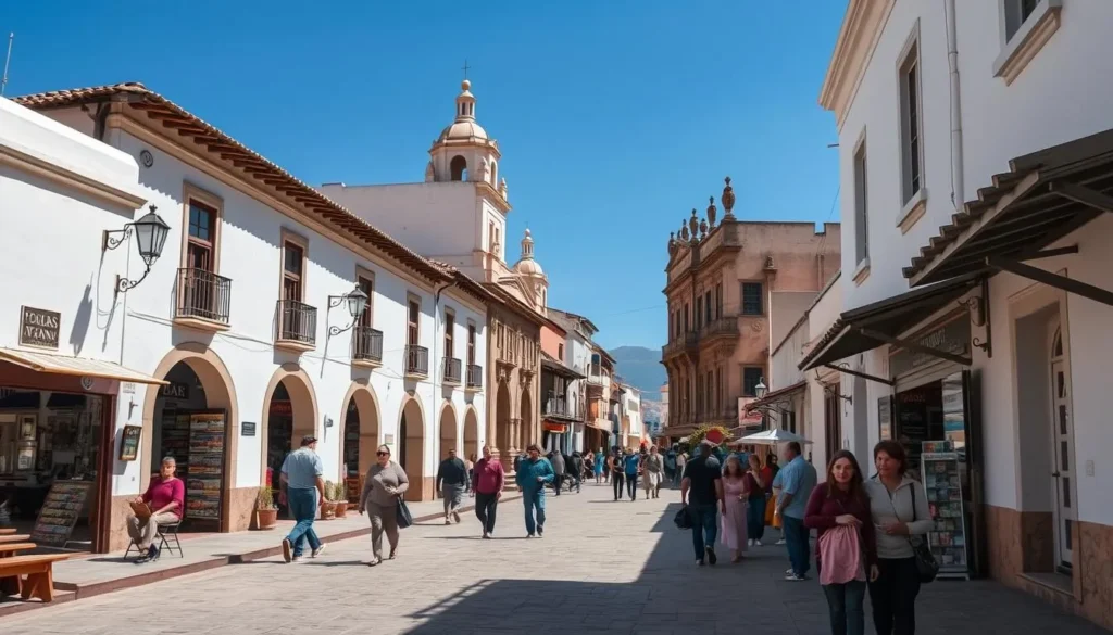 Street scene in Sucre showing daily life with locals and tourists walking along colonial streets