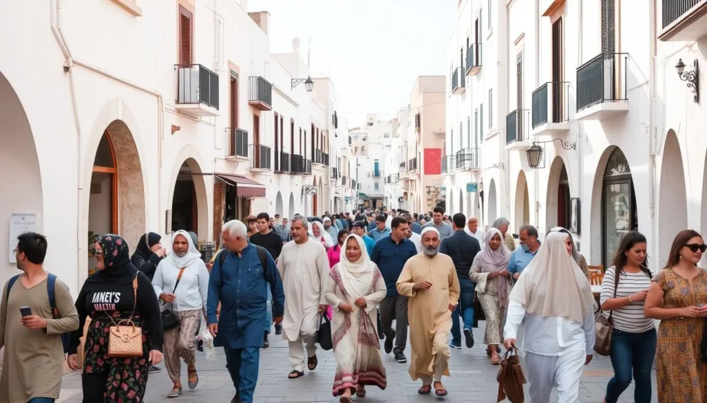 Street scene in Tetouan showing local life with people in traditional and modern clothing