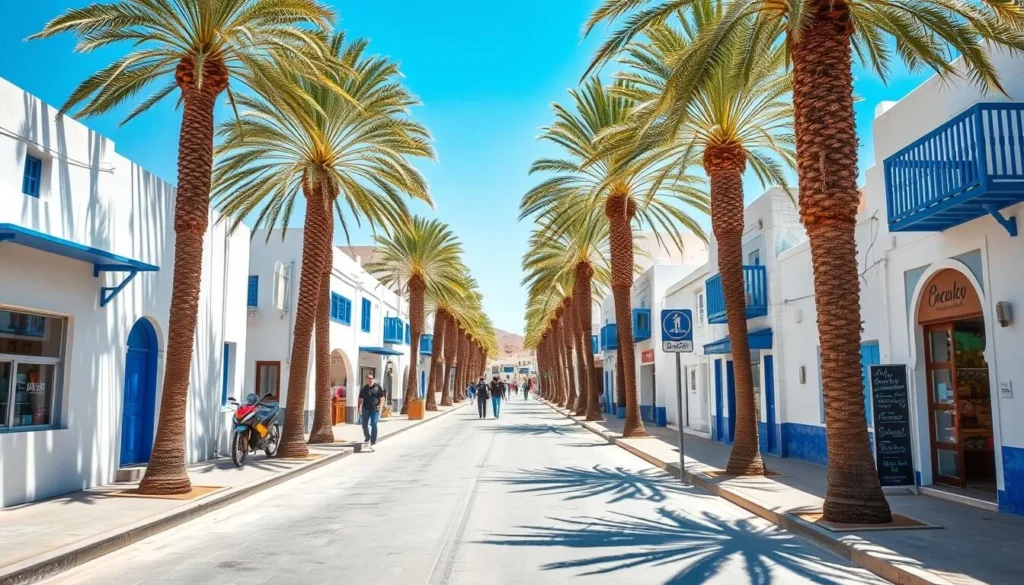 Street view of Al Hoceima Morocco with local architecture and palm trees