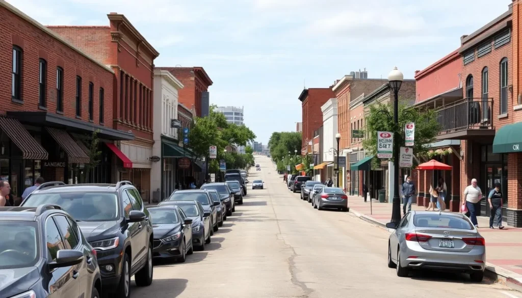 Street view of Rosenberg Texas with cars parked along the historic downtown district