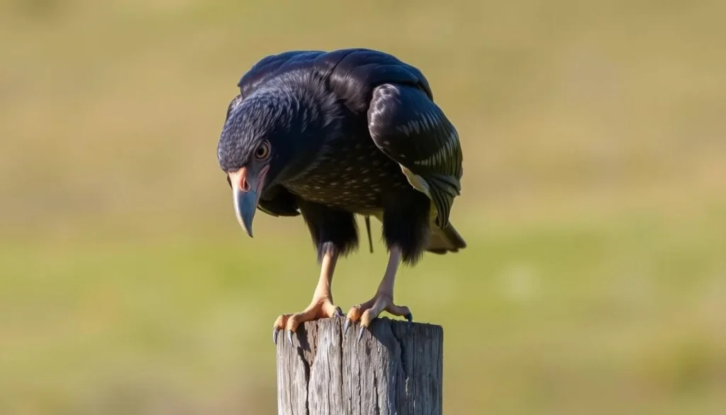 Striated Caracara (Johnny Rook) perched on a fence post on Carcass Island