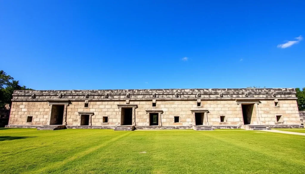Structure 44 at Dzibilchantun showing the long building with multiple doorways