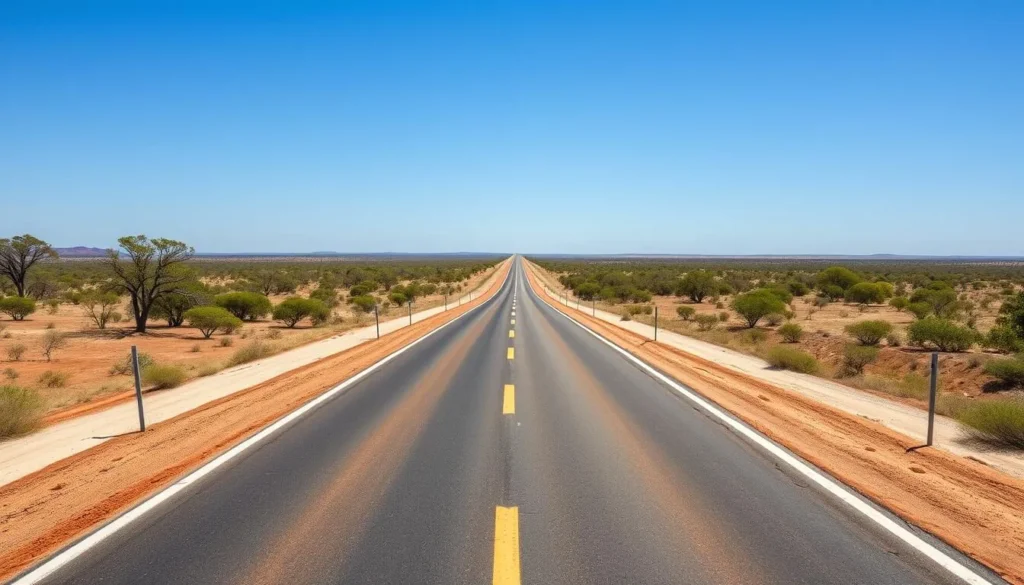 Stuart Highway road leading to Batchelor with tropical landscape, Northern Territory