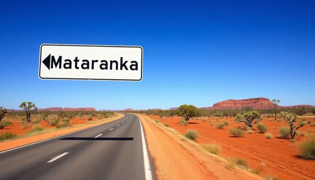 Stuart Highway road sign pointing to Mataranka, Northern Territory with outback landscape