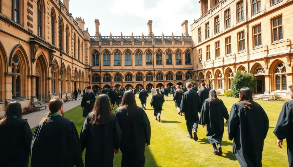 Students in academic gowns walking through Oxford University quad - Oxford England best things to do Students in academic gowns walking through Oxford University quad - Oxford England best things to do