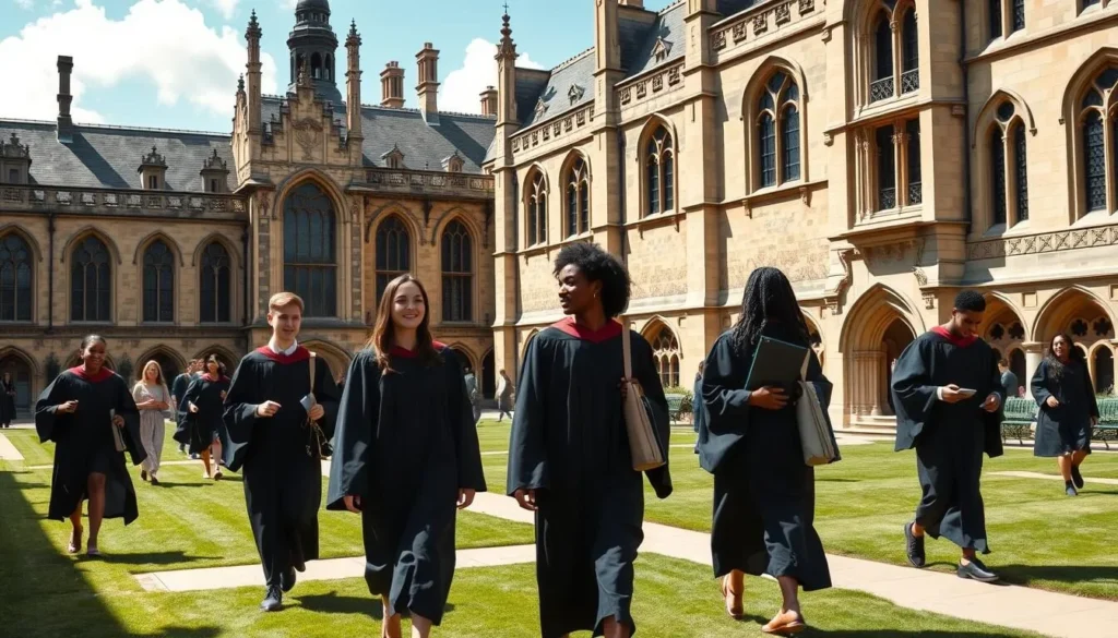 Students in academic gowns walking through a Cambridge college courtyard